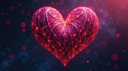 A luminous crimson heart, intricately woven with glowing filaments, radiates warmth against a dark, bokeh-filled background.