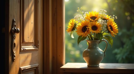 Sunlit Sunflowers in a Rustic Vase by a Wooden Door