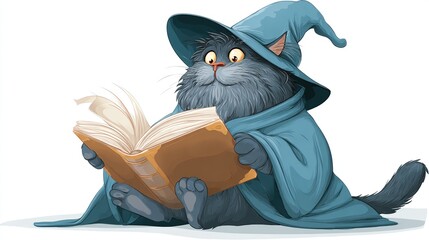 A whimsical, cartoon-style image of a fluffy grey cat, dressed as a wizard, reading a thick book