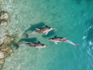 Tranquil marine sanctuary where dolphins swim freely in clear turquoise waters, showcasing their playful nature and grace. serene environment invites relaxation and admiration