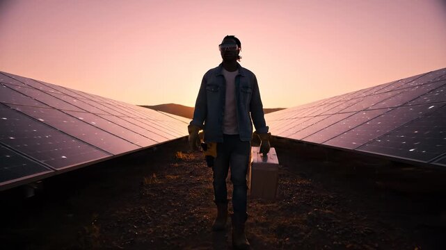 Technician walks between solar panels. Carries toolbox and power drill. Silhouette appears against sunset over field. Worker inspects panel and checks energy. Renewable installation conveys power.