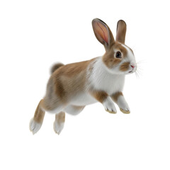 Obraz premium Small spotted brown and white rabbit frozen mid-air during a playful hop or jump isolated on transparent background