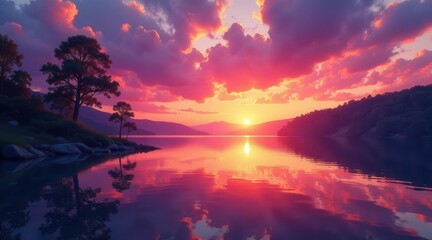Serene Sunset Over Still Water with Silhouetted Trees and Mountains Reflecting Vivid Colors