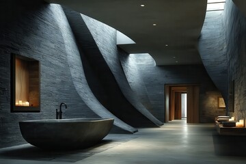 Sculptural stone interior bathroom with curved walls, skylights, bathtub and warm candlelight