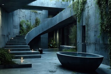 Serene architectural courtyard bathroom with stone bathtub, cascading greenery and minimalist design