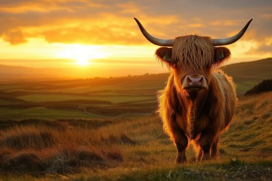 Highland cow with landscape sunset behind
