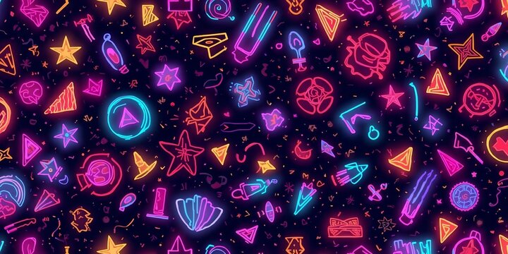 Vibrant neon doodles featuring stars triangles and abstract shapes scattered on a dark background - Powered by Adobe
