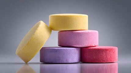 Colorful, stacked circular tablets in a macro photograph showcase a variety of pastel shades, including yellow, pink, purple, and red, creating a visually appealing composition with a light gray...