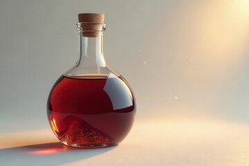 A round glass bottle with a cork stopper contains a dark reddish-brown liquid, illuminated by soft light, presenting a mystical and intriguing essence.