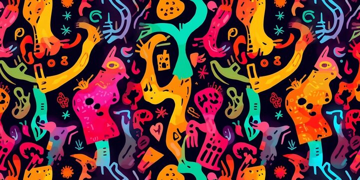 Colorful abstract pattern with freeform shapes stars hearts and various symbols on dark background