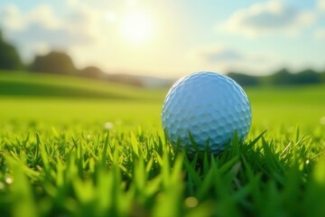 A golf ball rests on a vibrant green lawn, bathed in the warm glow of the setting sun, a picturesque scene of recreational leisure