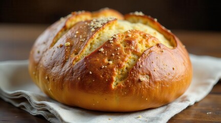 Artisan Baked Loaf with Golden Crust and Nut Topping on Rustic Linen