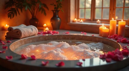 A Luxurious and Romantic Bubble Bath Experience with Soft Candlelight and Flower Petals