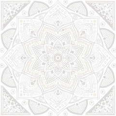 A delicate and intricate circular mandala pattern with floral elements, rendered in subtle shades of light grey on a white background.
