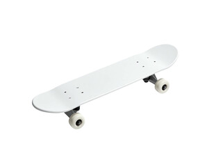 A clean, white skateboard isolated on a black background. Perspective angle shot