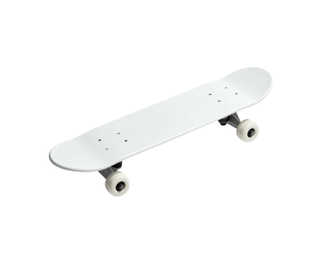 A clean, white skateboard isolated on a black background. Perspective angle shot