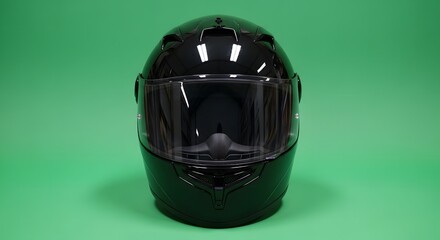 Sleek black full-face motorcycle helmet isolated on a vibrant green background, ideal for safety and style