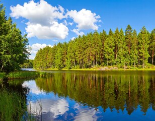 Calm lake reflecting a lush green pine forest