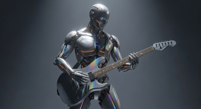Cybernetic Musician Playing an Electric Guitar