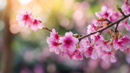 Obraz premium Blooming branch of cherry blossoms displays delicate, vibrant pink flowers with a backdrop of soft, blurred bokeh.