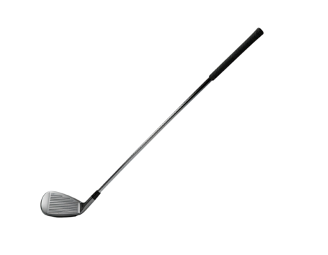 A golf club, set against a stark black background, is angled to the right