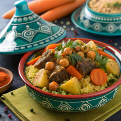 moroccan tagine dish with vegetables and meat on c