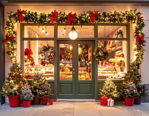 A bakery storefront decorated for christmas