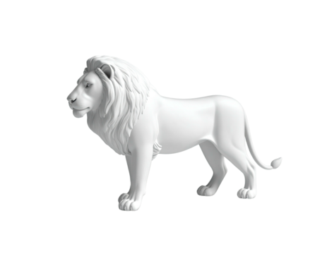 3D rendered, photorealistic, white lion statue with detailed fur and pose