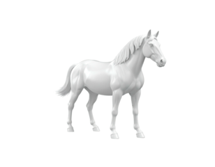 A pristine, all-white horse sculpture in a side-facing, standing pose