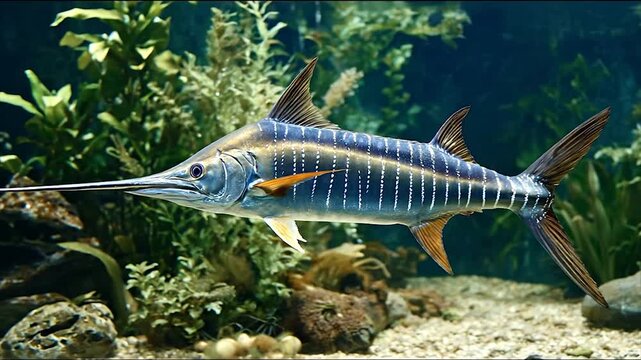 Striking underwater view of a marlin fish swimming near aquatic plants