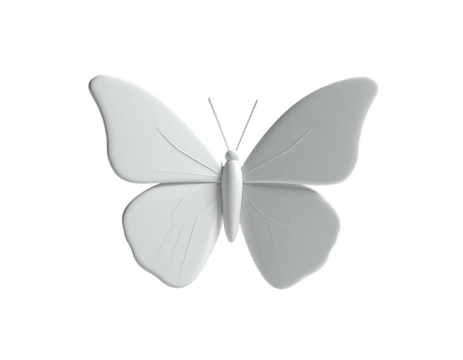 A realistic white butterfly is viewed from above, on a black background