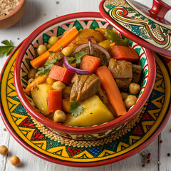moroccan tagine dish with vegetables and meat on c
