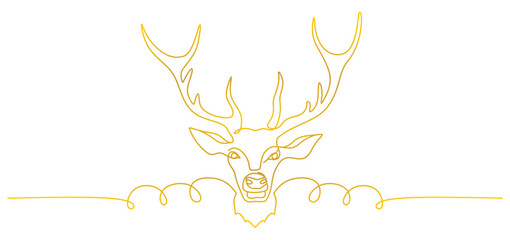 A minimalist one-line drawing of a reindeer head with large antlers, created in a continuous golden yellow line style. The elegant and modern vector illustration represents Christmas, winter holidays