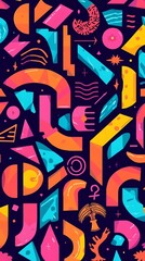 Fototapeta premium Vibrant abstract geometric shapes in pink yellow orange and blue against a dark navy background