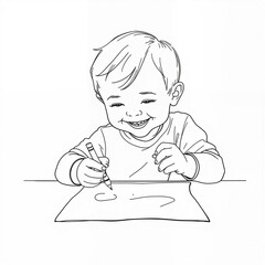Toddler drawing with crayon and smiling at tabletop  