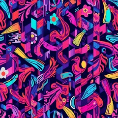 Obraz premium Abstract background featuring geometric shapes flowers and a bird in bright colors seamless pattern