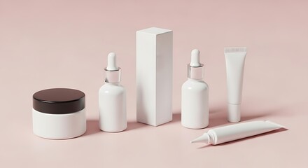 Various white cosmetic bottles and jars arranged on a pink background