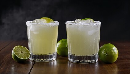 Two refreshing margaritas with lime wedges on a rustic wooden surface