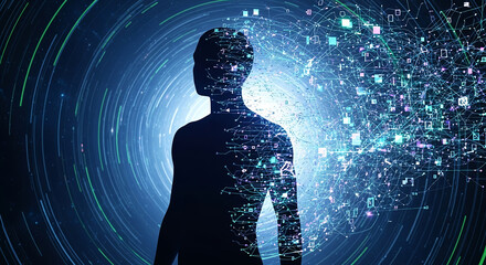 Silhouette of Human Figure Surrounded by Digital Data and Network Elements in Futuristic Blue and Purple Tones