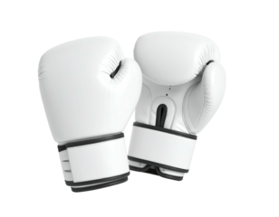 Pair of white boxing gloves, right glove slightly closer, isolated on black