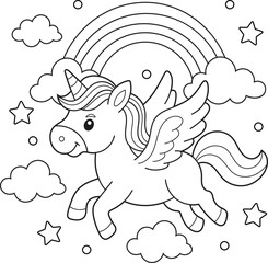 Flying Winged Unicorn with Rainbow and Clouds. Whimsical Black and White Line Art for Kids Coloring Pages