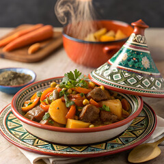 moroccan tagine dish with vegetables and meat on c