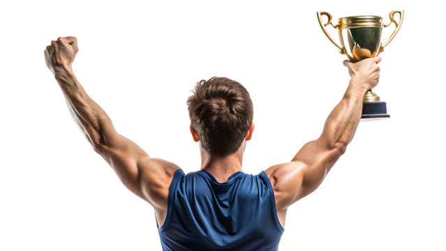 Winner Sportsman, muscular man holding up a gold trophy with both arms raised in victory, cutout, PNG isolated on transparent background - Powered by Adobe