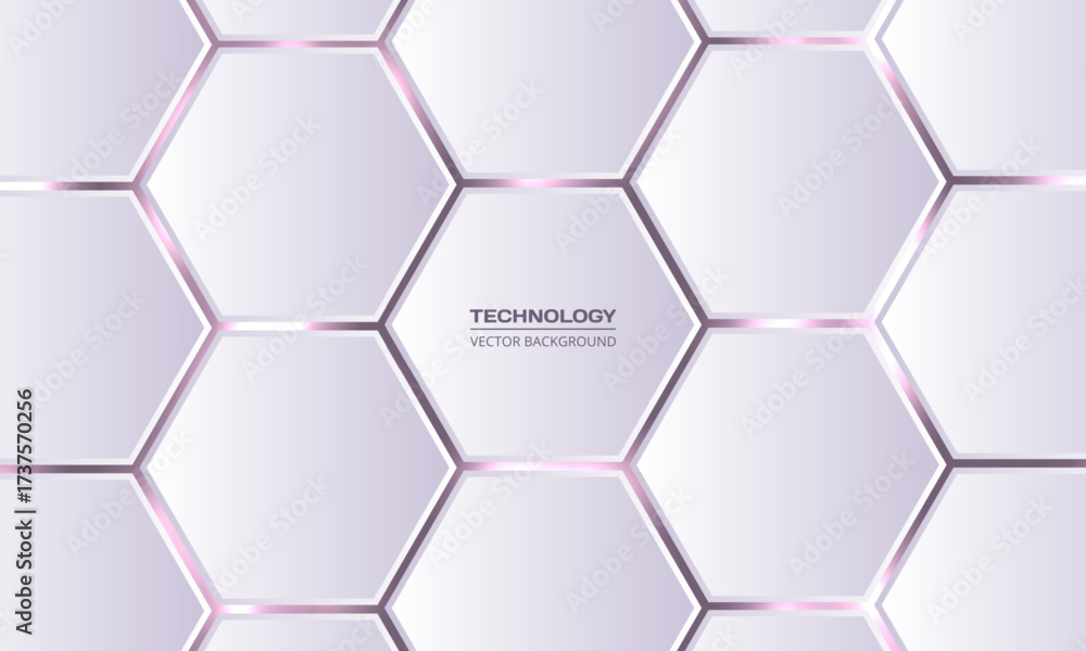 Wall mural white 3d hexagonal technology vector abstract background. pink bright energy flashes under hexagon i