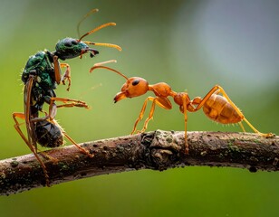 Ants on a Branch, Close-up Macro Photography.