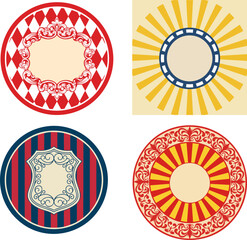 Set of Decorative Circular Badges with Various Ornate Designs and Color Schemes Suitable for Emblems, vektor set
