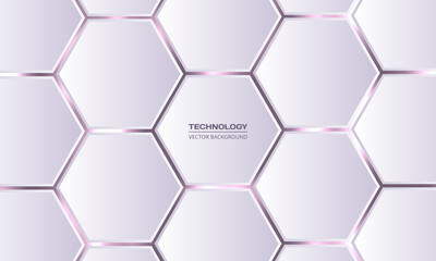 White 3d hexagonal technology vector abstract background. Pink bright energy flashes under hexagon in modern technology futuristic background vector illustration. Soft pink honeycomb texture grid.