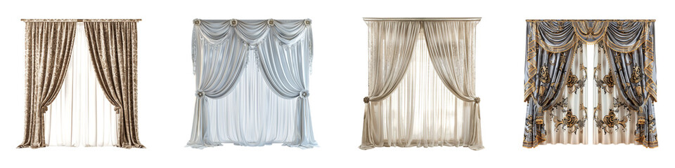 Beautiful sets of curtains, each unique elegantly draped with sheer fabric