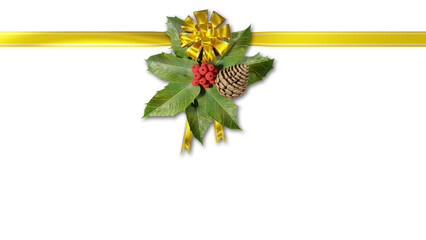 PNG. Trasparente. Illustrazione 3D. Natale. Fiocco con agrifoglio e pigna per confezione pacco regalo natalizio..