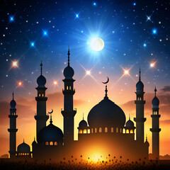 mosque silhouette with minarets against starry nig